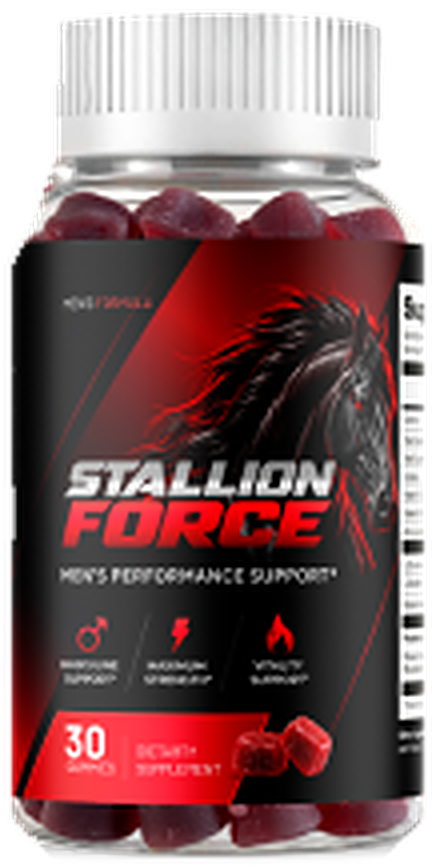 A bottle of Stallion Force men&rsquo;s performance gummies
