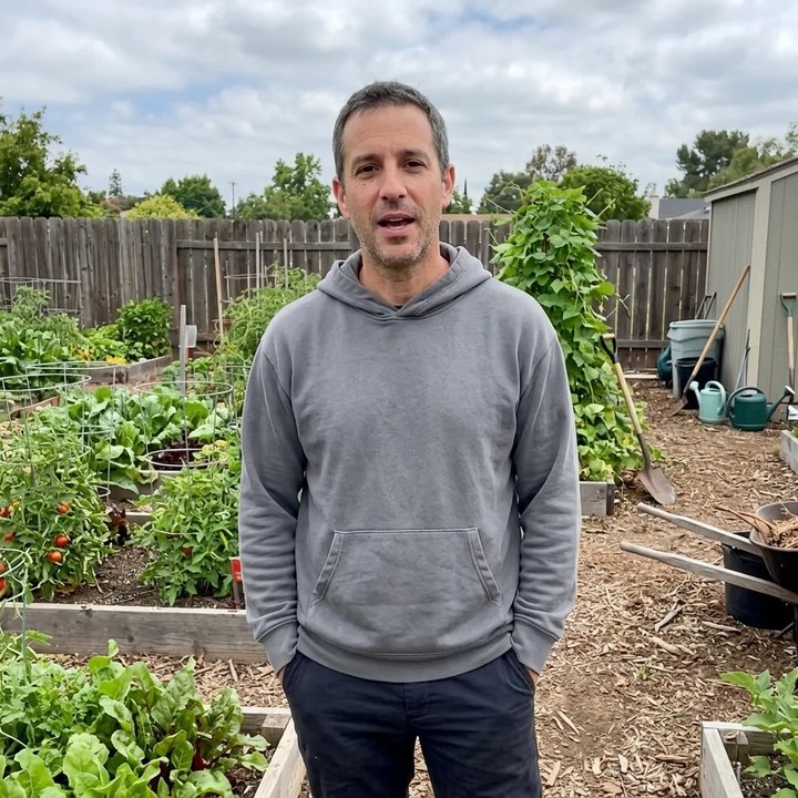 A man in a grey hoodie standing in a backyard vegetable garden